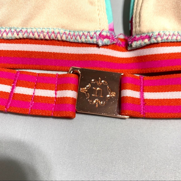 Nanette Lepore Blue Floral Triangle Bikini Top Francesca Tassels Rose Gold Sz6 - Picture 9 of 12